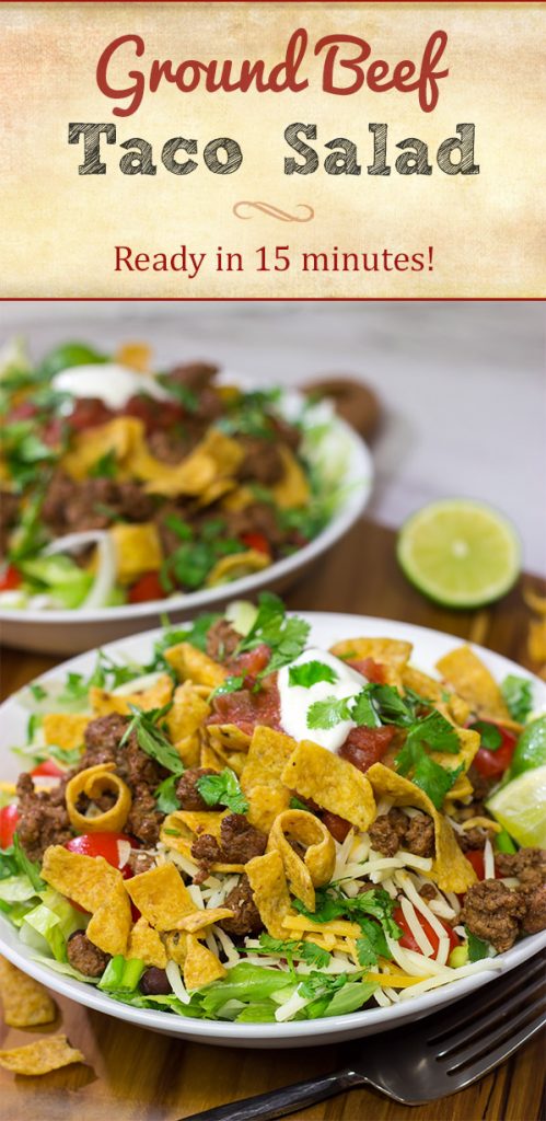 This Ground Beef Taco Salad is easy and delicious! This classic recipe is ready in just 15 minutes...just don't eat all of the Fritos first!