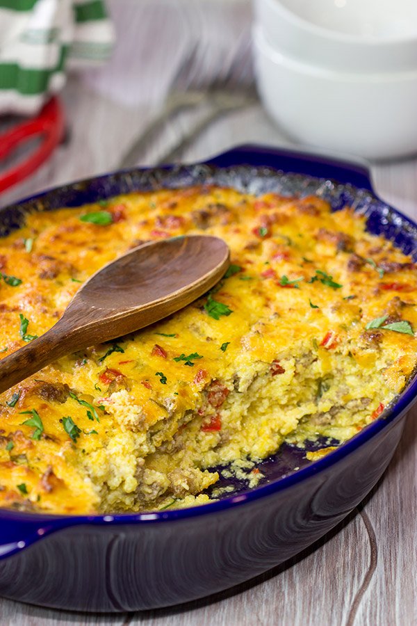 Give grits a chance! Loaded with all sorts of yummy ingredients, this Sausage and Cheese Grits Casserole is a great way to enjoy a lazy brunch or perhaps breakfast for dinner!