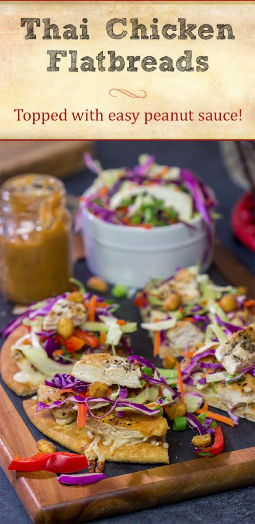 These Thai Chicken Flatbreads are a fun and colorful appetizer or main course! They get topped with a tasty peanut sauce for extra flavor.