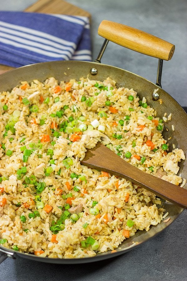 Making the rice in advance and using a rotisserie chicken makes this Easy Chicken Fried Rice a meal that comes together in just 10 minutes...yup, 10 minutes!