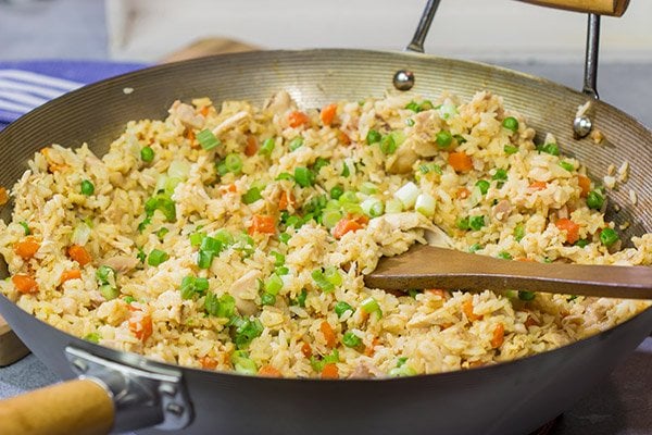 Making the rice in advance and using a rotisserie chicken makes this Easy Chicken Fried Rice a meal that comes together in just 10 minutes...yup, 10 minutes!