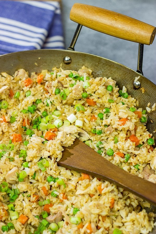 Making the rice in advance and using a rotisserie chicken makes this Easy Chicken Fried Rice a meal that comes together in just 10 minutes...yup, 10 minutes!