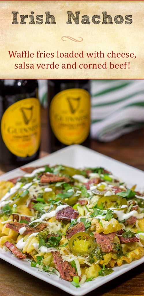 Get into the St. Patrick's Day spirit with a batch of these Irish Nachos - waffle fries loaded with cheese, salsa verde and chopped corned beef!