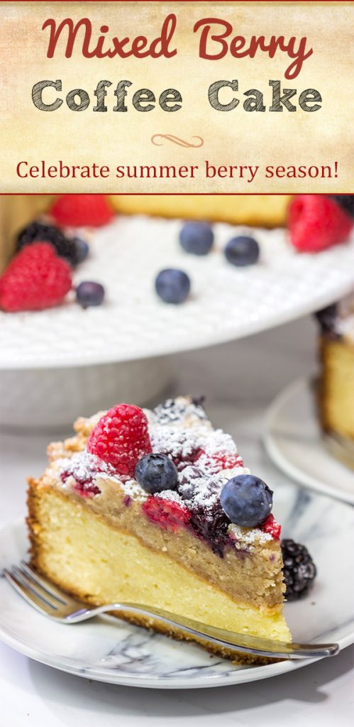 Topped with fresh berries and dusted with powdered sugar, this Mixed Berry Topped Coffee Cake is a great way to celebrate summer berry season!
