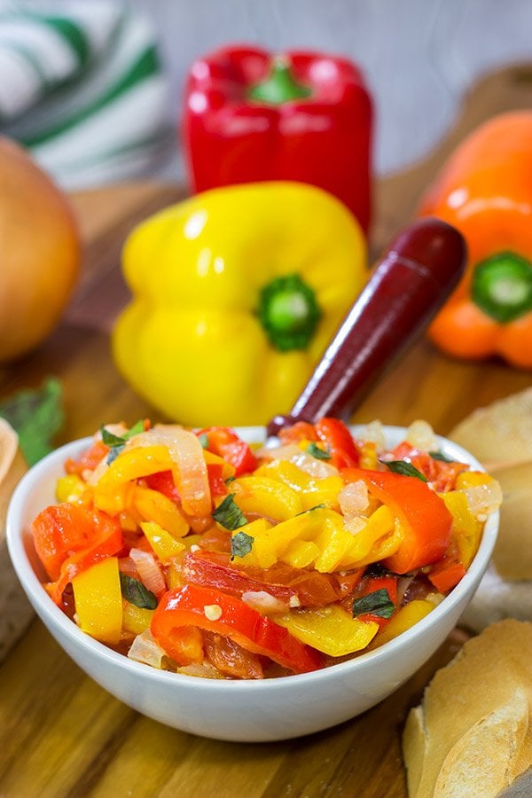 Peperonata is a classic Italian recipe using slow-cooked bell peppers, tomatoes and onions.  Eat it on crusty bread or mixed into pasta!