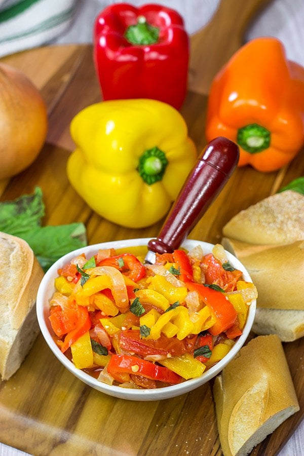 Peperonata is a classic Italian recipe using slow-cooked bell peppers, tomatoes and onions. Eat it on crusty bread or mixed into pasta!