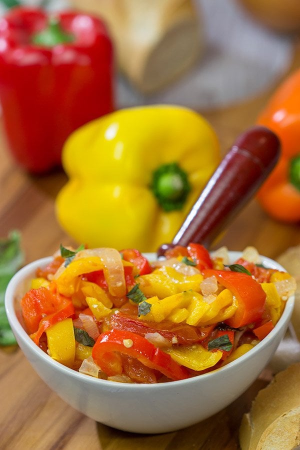 Peperonata is a classic Italian recipe using slow-cooked bell peppers, tomatoes and onions. Eat it on crusty bread or mixed into pasta!