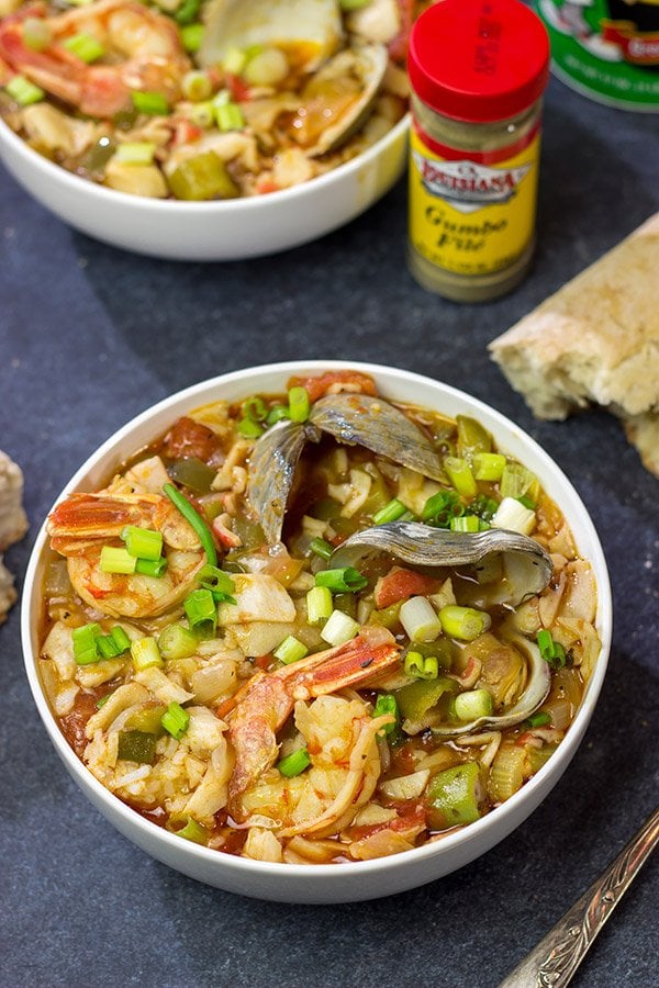 Packed with 3 types of shellfish, a bowl of this Seafood Gumbo is a flavorful way to warm up on a chilly winter day!