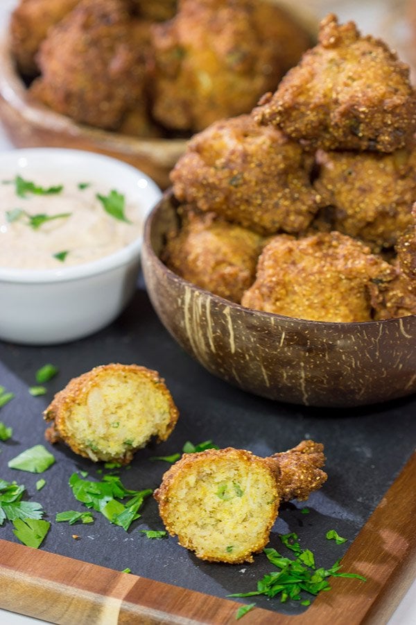 Take your fried food game to a whole new level!  These Crab Cake Hushpuppies combine two favorites into one.