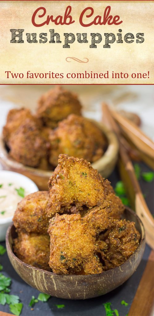 Take your fried food game to a whole new level! These Crab Cake Hushpuppies combine two favorites into one.