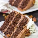 Forget the pie!  This Mississippi Mud Cake is a fun twist on the classic Mississippi Mud Pie.  This chocolate cake with chocolate-pecan frosting is one heck of a tasty treat!