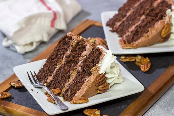 Forget the pie!  This Mississippi Mud Cake is a fun twist on the classic Mississippi Mud Pie.  This chocolate cake with chocolate-pecan frosting is one heck of a tasty treat!