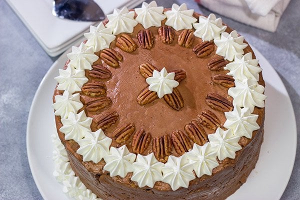 Forget the pie!  This Mississippi Mud Cake is a fun twist on the classic Mississippi Mud Pie.  This chocolate cake with chocolate-pecan frosting is one heck of a tasty treat!
