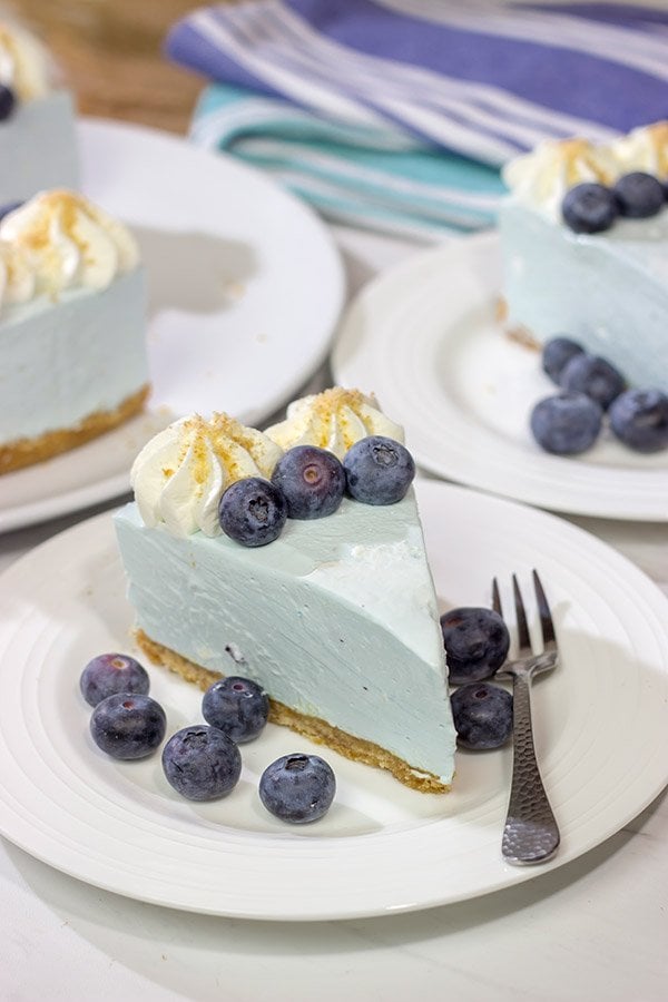Featuring a creamy cheesecake on top of a vanilla wafer crust, this No Bake Blueberry Cheesecake is perfect for hot summer days!