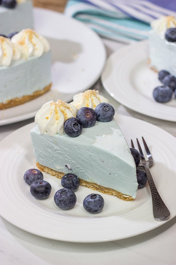 Featuring a creamy cheesecake on top of a vanilla wafer crust, this No Bake Blueberry Cheesecake is perfect for hot summer days!