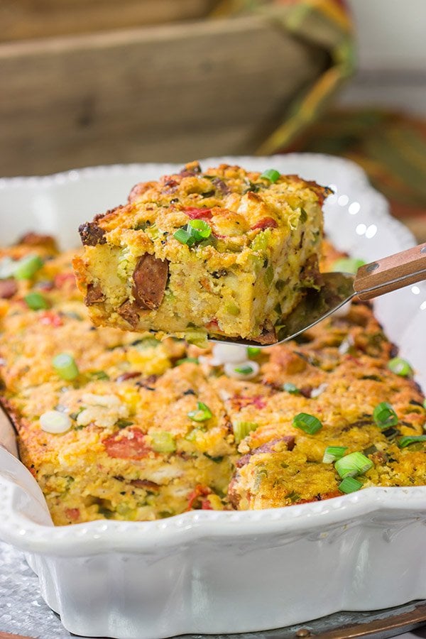 Put a Cajun spin on a classic Autumn recipe with this Cajun Cornbread Biscuit Dressing!  From cornbread to biscuits to Andouille sausage, this recipe includes a number of Southern favorites!