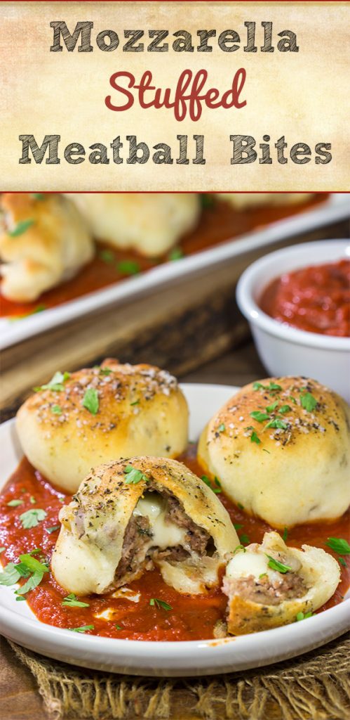 Put a twist on classic meatballs - by stuffing 'em with mozzarella! These Mozzarella Stuffed Meatball Bites are a fun combination of meatballs and pizza!