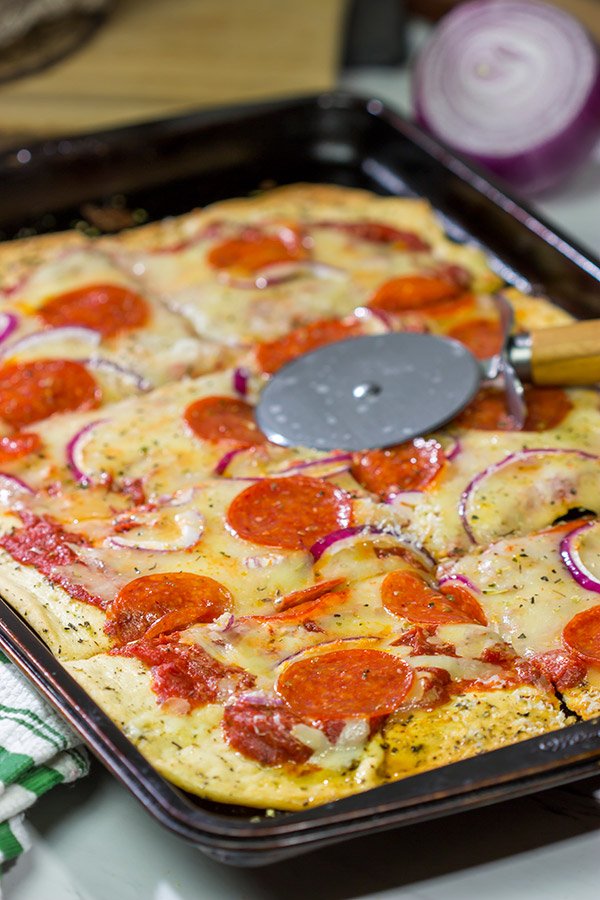This Pepperoni Pan Pizza features an easy, homemade pizza dough that can be ready in just 20 minutes.  Make tonight a pizza night!