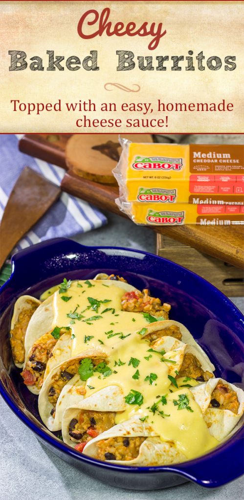 Want to break out of the 'dinner rut'? Then put these Cheesy Baked Burritos on the menu! Topped with an easy, homemade cheese sauce, these burritos are the perfect comfort food for chilly days!
