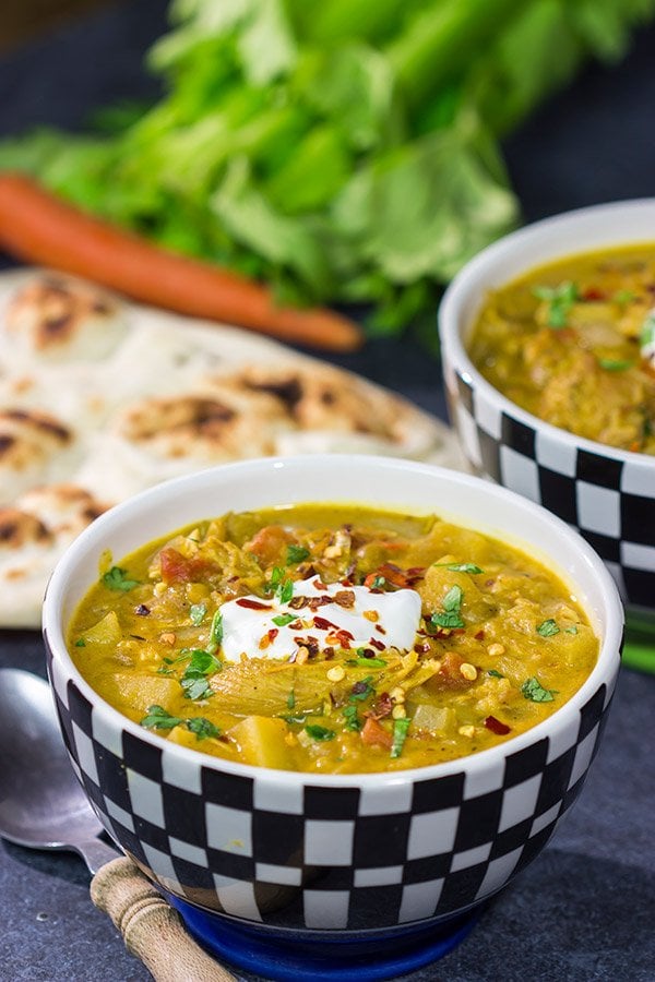 Mulligatawny Soup is a creamy, curry-flavored soup that originated in southern India.  This unique soup is delicious!  In fact, you can't eat this soup standing up - your knees buckle!