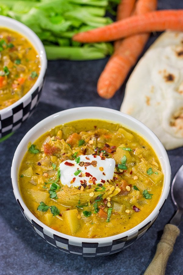 Mulligatawny Soup is a creamy, curry-flavored soup that originated in southern India. This unique soup is delicious! In fact, you can't eat this soup standing up - your knees buckle!