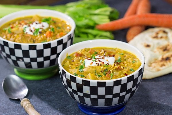 Mulligatawny Soup is a creamy, curry-flavored soup that originated in southern India. This unique soup is delicious! In fact, you can't eat this soup standing up - your knees buckle!