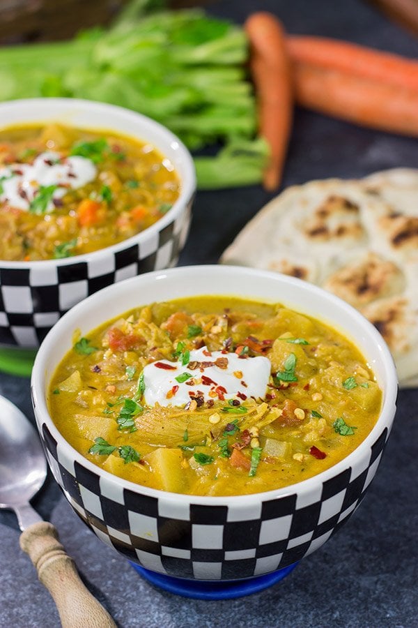 Mulligatawny Soup is a creamy, curry-flavored soup that originated in southern India. This unique soup is delicious! In fact, you can't eat this soup standing up - your knees buckle!