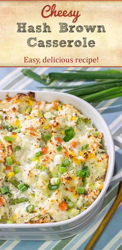 This Cheesy Hash Brown Casserole is a classic Southern recipe - bulked up with veggies and creamy Monterey Jack cheese!  Serve as a side dish or main course!