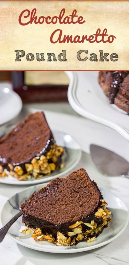 This Chocolate Amaretto Pound Cake is topped with a chocolate amaretto glaze and sprinkled with candied almonds - one bite and you'll be hooked!