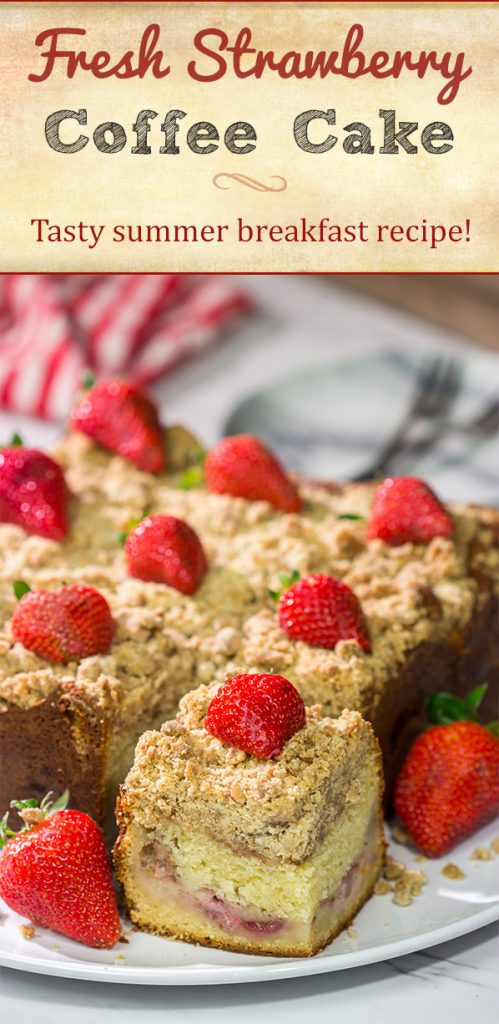 Embrace summer berry season with this Fresh Strawberry Coffee Cake! This cake is packed with juicy strawberries and topped with a cinnamon-brown sugar crumble. Happy baking!