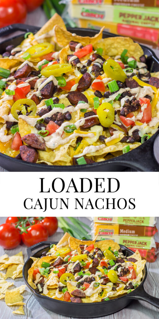 Topped with andouille, Cajun black beans and 2 types of cheese, these Loaded Cajun Nachos make for a delicious appetizer or main course!