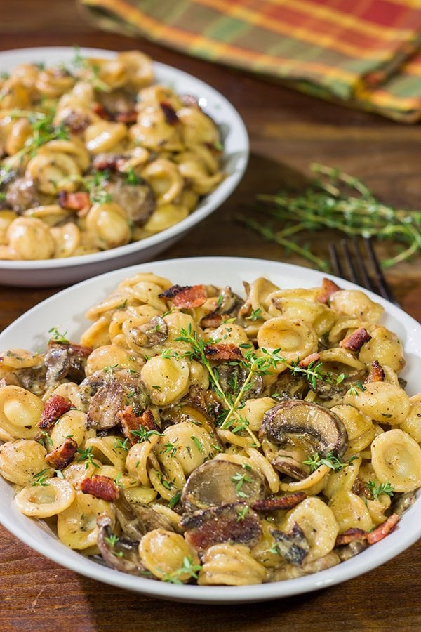 This Orecchiette with Mushroom Thyme Sauce features pasta coated with a creamy, flavorful sauce - and it's easy enough to make for a weeknight meal!