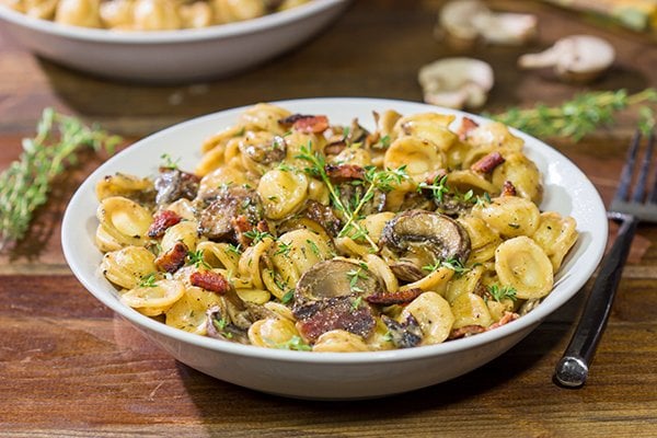 This Orecchiette with Mushroom Thyme Sauce features pasta coated with a creamy, flavorful sauce - and it's easy enough to make for a weeknight meal!