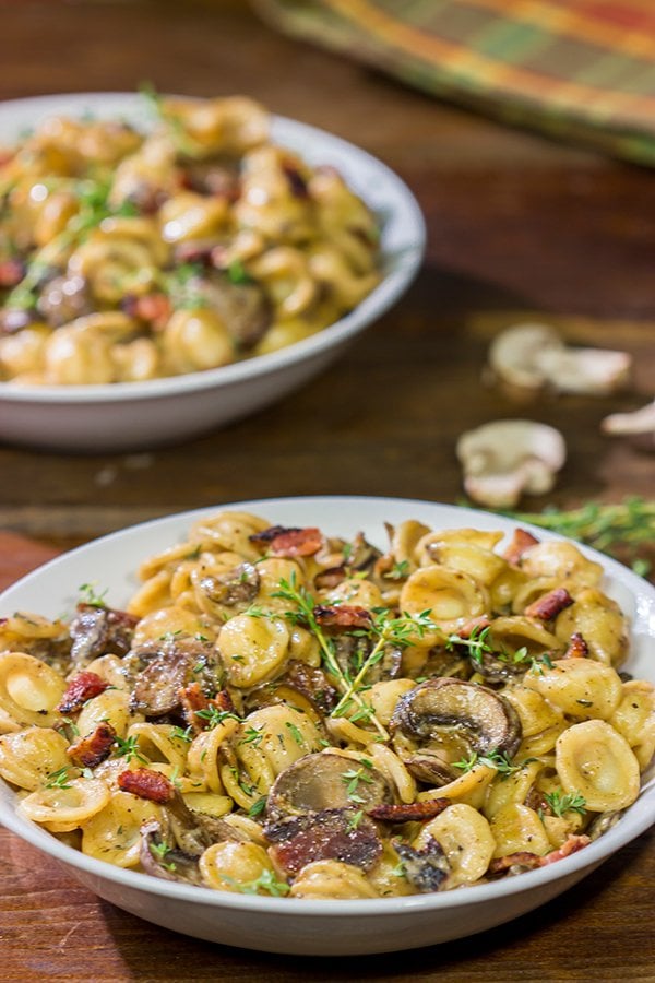This Orecchiette with Mushroom Thyme Sauce features pasta coated with a creamy, flavorful sauce - and it's easy enough to make for a weeknight meal!