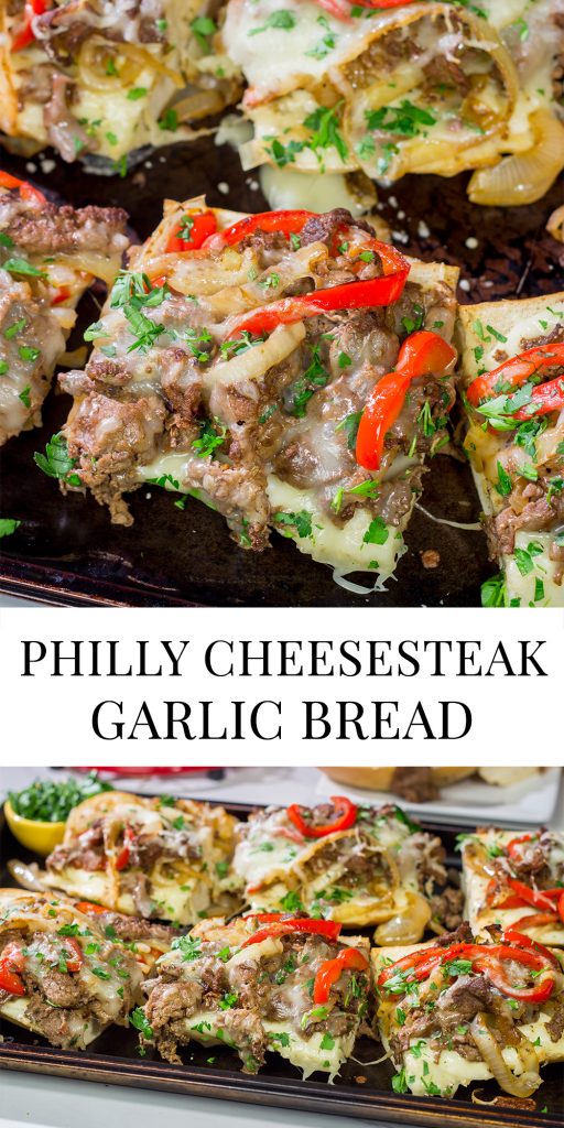 Combine two favorites into one with this Philly Cheesesteak Garlic Bread - shaved steak, peppers + onions, melted cheese...all on top of buttery, garlicky bread!