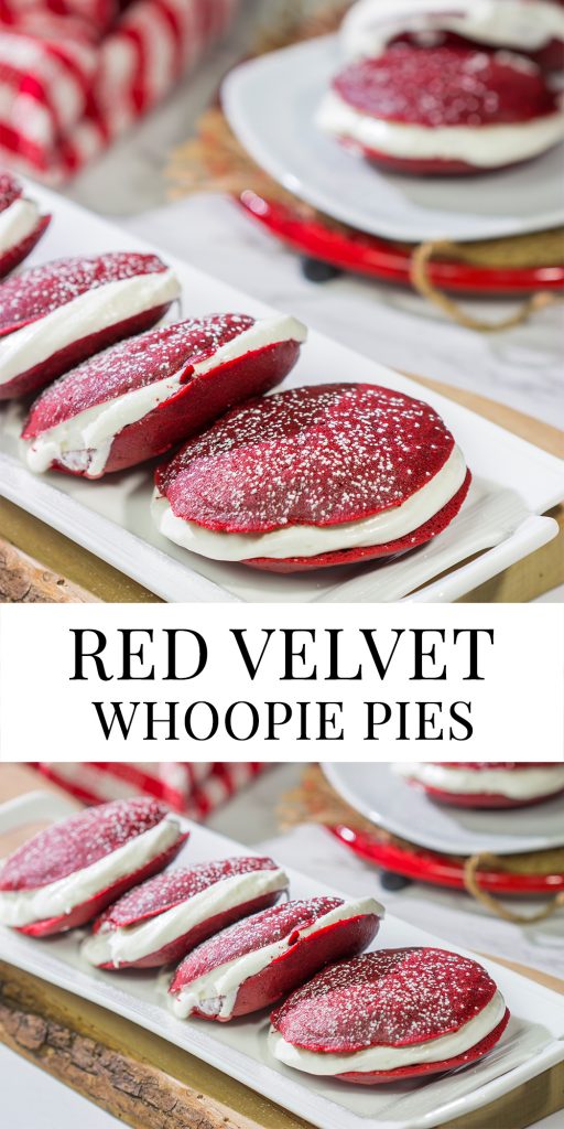 Put a red velvet spin on a classic baked treat!  These Red Velvet Whoopie Pies are filled with a marshmallow cream cheese frosting - they're delicious!