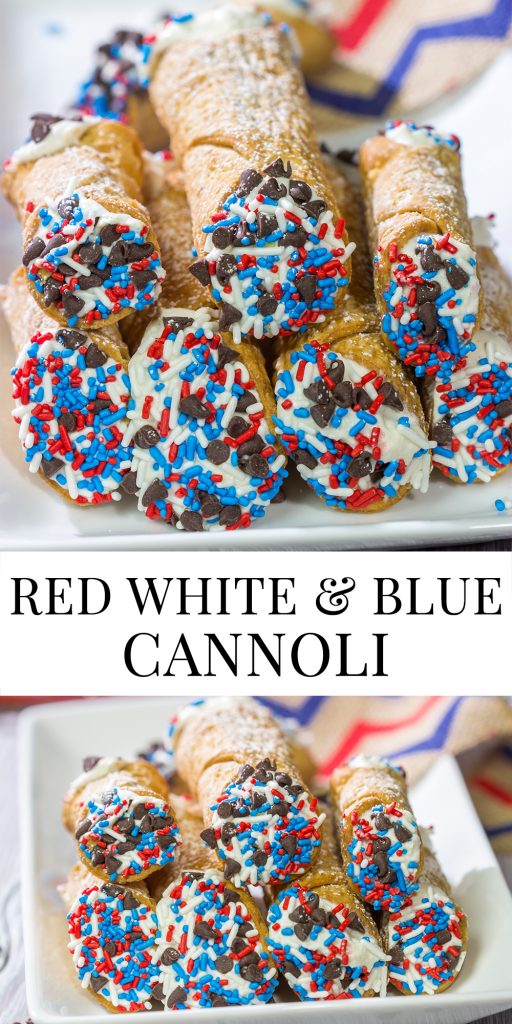 These Red White and Blue Cannoli make for a festive and tasty 4th of July dessert! (Hint: Using store-bought cannoli shells makes this recipe super easy!)