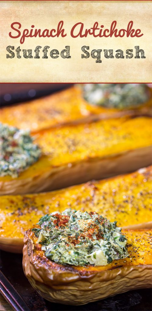Looking for a fun Autumn recipe? Then put this Spinach Artichoke Stuffed Squash on the menu. Buttery roasted squash combined with creamy spinach artichoke filling makes for a tasty fall meal!