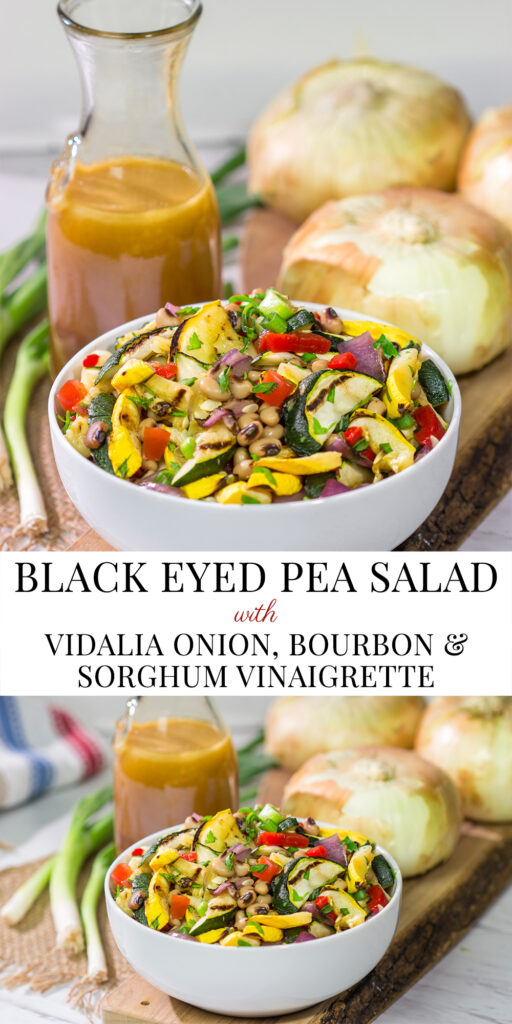 If you're looking for a tasty summer side dish, then look no further!  This Vidalia Onion, Bourbon and Sorghum Vinaigrette with Black Eyed Pea Salad is packed with flavor!