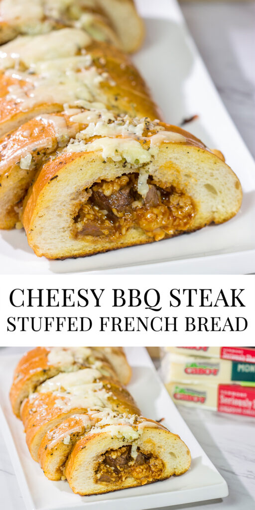 Looking for a fun summer grilling idea? Fire up the grill and put this Cheesy BBQ Steak Stuffed French Bread on the menu!