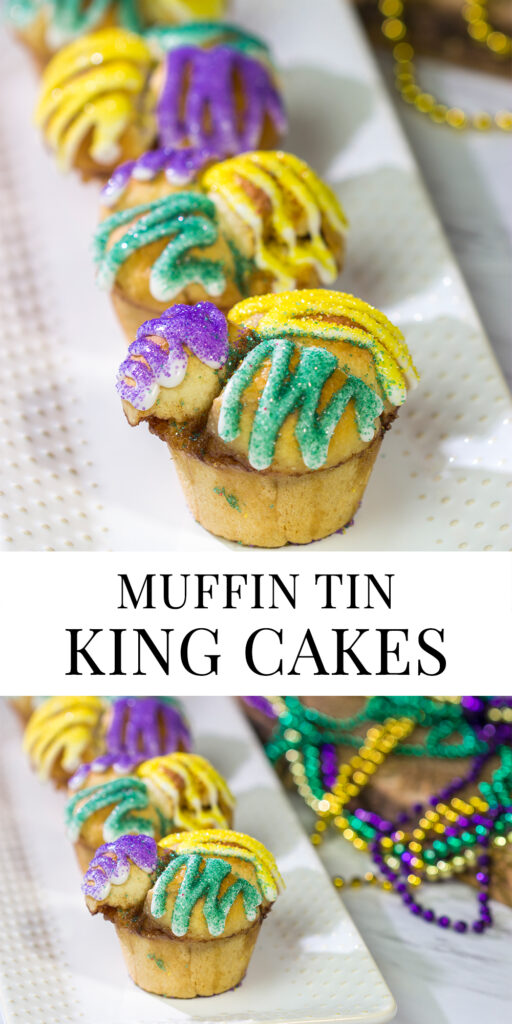 Celebrate Mardi Gras with a batch of these Muffin Tin King Cakes!  Filled with cinnamon + brown sugar flavor, these king cakes make for a festive treat!
