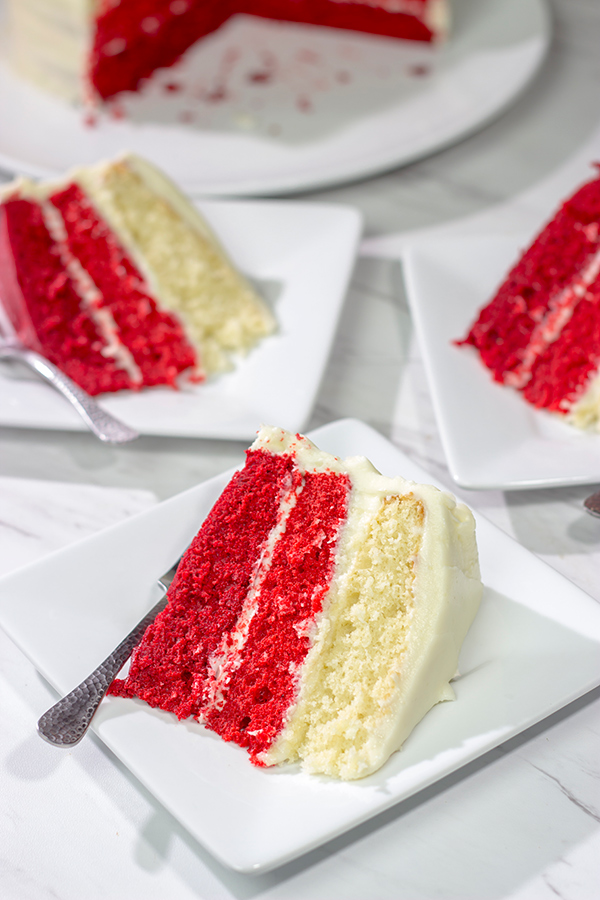 Looking for a fun red velvet dessert idea? Bake up this Red Velvet Ombre Cake! It's a tasty dessert with a unique 'wow' factor when you slice into it!