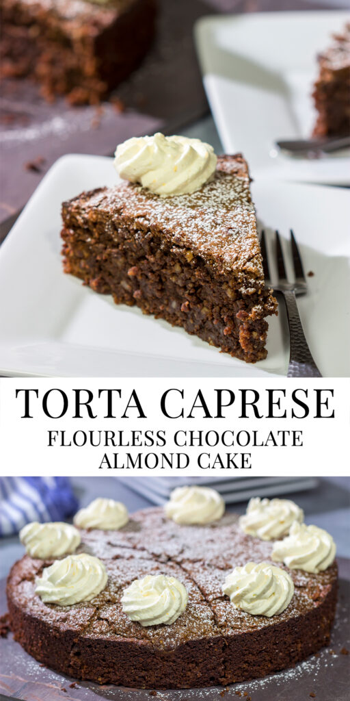 Packed with chocolate and chopped almonds, this Torta Caprese makes for a delicious treat...especially when topped with a dollop of orange-ginger whipped cream!