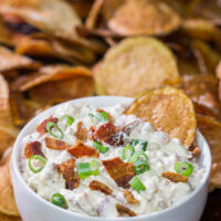 Looking for a new favorite appetizer recipe?  Make a batch of this Bacon Dip with Homemade Potato Chips!