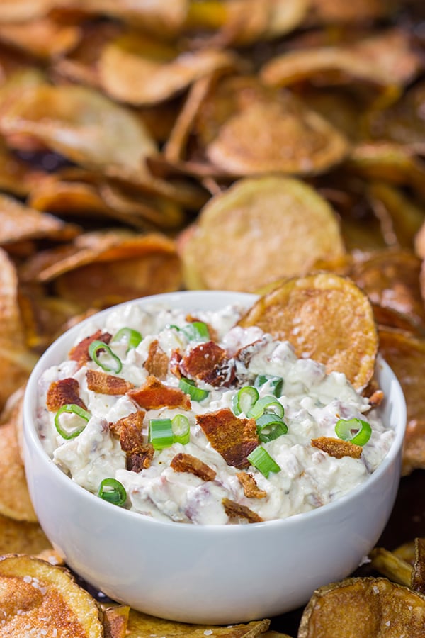 Looking for a new favorite appetizer recipe? Make a batch of this Bacon Dip with Homemade Potato Chips!