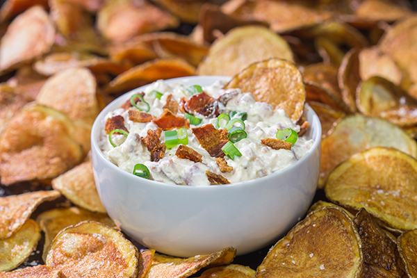 Looking for a new favorite appetizer recipe?  Make a batch of this Bacon Dip with Homemade Potato Chips!
