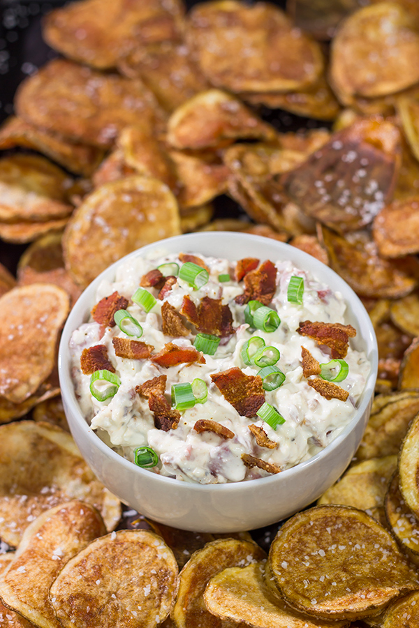 Looking for a new favorite appetizer recipe?  Make a batch of this Bacon Dip with Homemade Potato Chips!