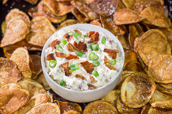 Looking for a new favorite appetizer recipe?  Make a batch of this Bacon Dip with Homemade Potato Chips!