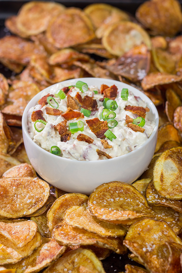 Looking for a new favorite appetizer recipe?  Make a batch of this Bacon Dip with Homemade Potato Chips!