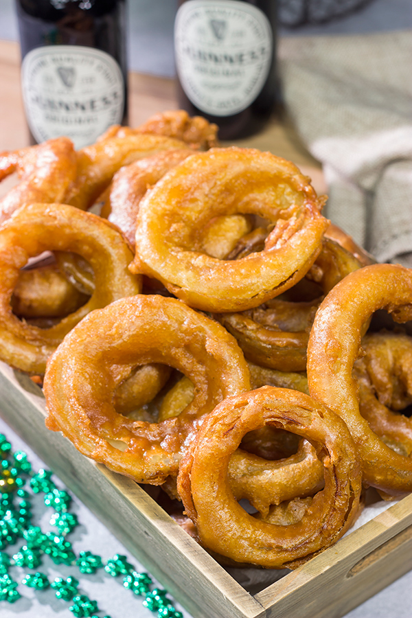 These Guinness Battered Onion Rings are a classic beer-battered onion ring...using Guinness! They're tasty any time of the year, but they're especially fun for St. Patrick's Day!